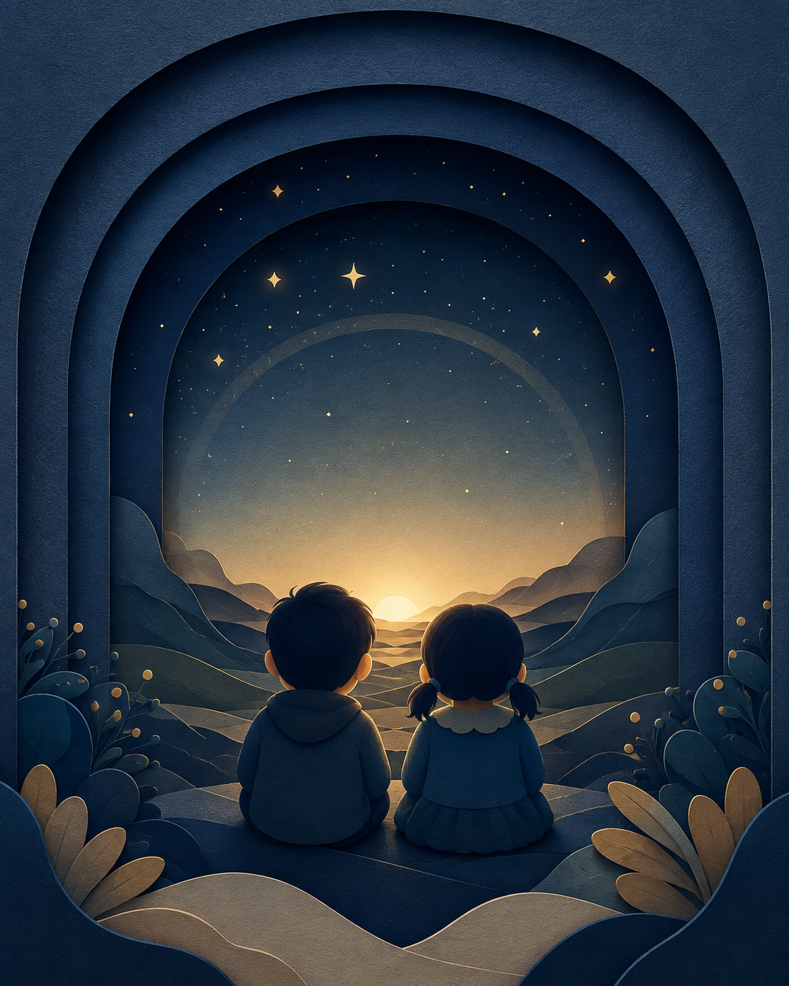 Two young children sit side by side in front of a dark blue paper sculpture arch, looking up at the stars and the distant dawn.