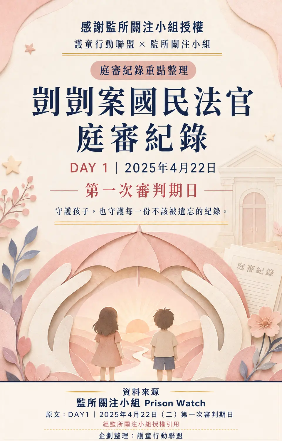 感謝監所關注小組授權，護童行動聯盟企劃整理第一次審判期日