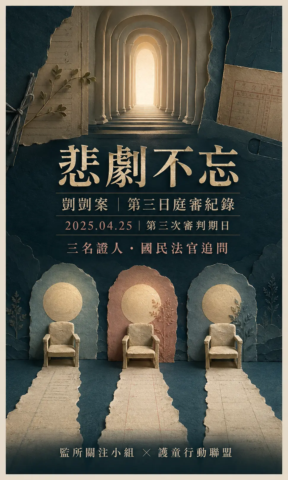 剴剴案第三日第三次審判期日旁聽紀錄宣傳圖，以三張證人椅與法院走廊象徵三組證言