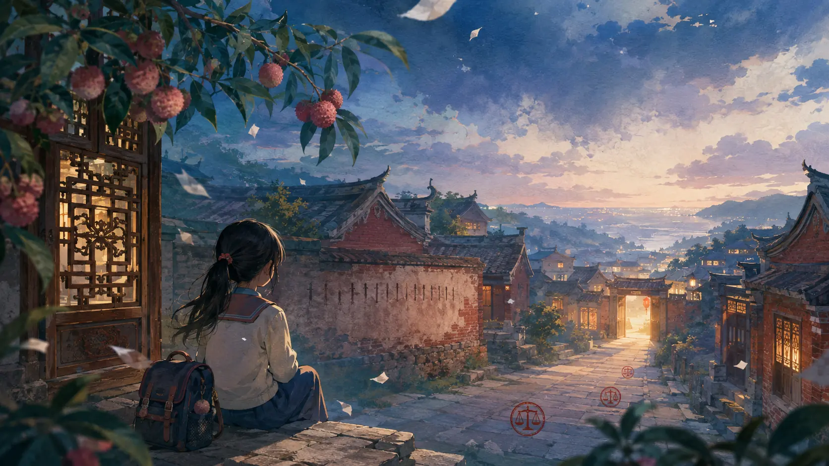 一名女孩坐在山坡遠望福建村落與暖色燈火的紀念性手繪圖，不呈現傷害