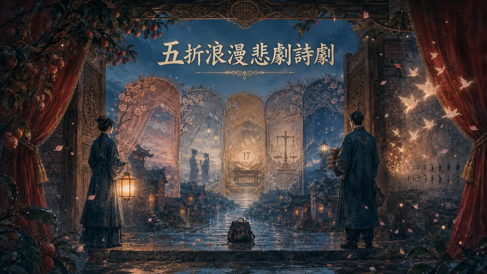 五折詩劇概念圖：福建紅磚、雨巷、月夜校舍、法庭長卷與黎明燈火相連